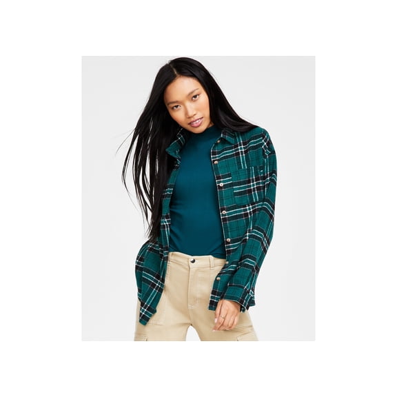 Juniors' Plaid Button-Down Top Green Black M