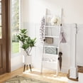 thumbnail image 5 of Blanket Ladder, 5-Tier Farmhouse Wooden Rack with Synthetic Leather Pocket, 4 Removable Hooks, Decorative Leaning Ladder Shelf, White, 5 of 8