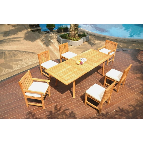 Grade-A Teak Dining Set: 6 Seater 7 Pc: 94" Double Extension Rectangle Table And 6 Devon Chairs (2 Arm & 4 Armless Chairs) WholesaleTeak #WMDV77