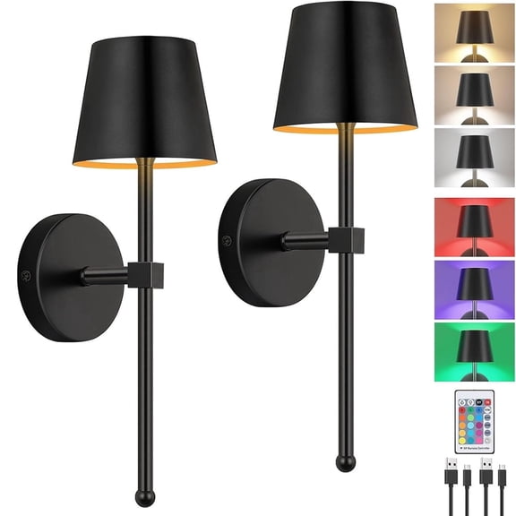 XMZHOU 2Pcs 3 Color Temperatures & 15 RGB Color Remote Control Rechargeable Wall Lamp Lighting Mural Living Room Bedroom Hallway Wireless Night Light Indoor Wall Sconces, Black