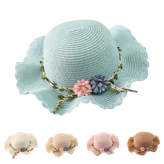 CAIXIA Toddler Girls Wide Brim Sun Hat with Woven Bag, Floral Tea Party Cap, Lightweight Breathable Summer Beach Travel Headwear