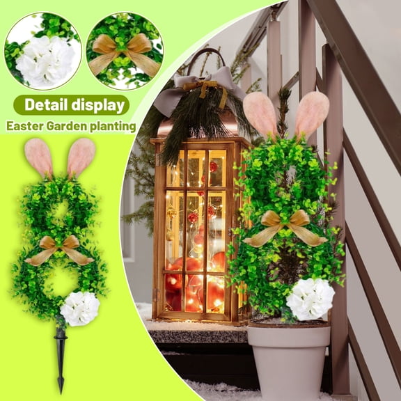 Faux Greenery Rabbit Decor - Artificial Plant Bunny With Bow, White Flower, And Bunny Ear Accents - For Easter Decor, Garden Stakes, Outdoor Yard, Patio, Porch, Spring Decoration