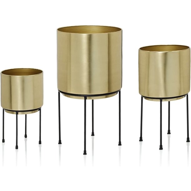 Set of 3 Mid Century Brass Gold Large Planters with Black Metal Stand