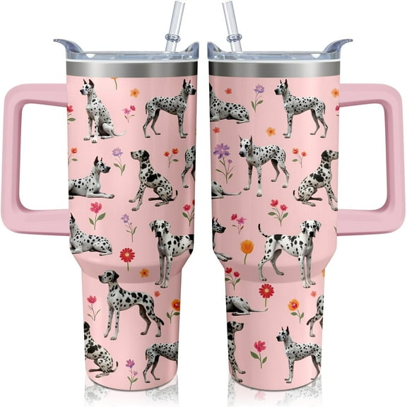 40oz Great Dane Tumbler with Handle and Straw, Cute Dog Stainless Steel Insulated Cup with Lid and Straw, Travel Coffee Mug Water Bottle, Birthday Mothers Day Gifts for Women Men Animal Lovers