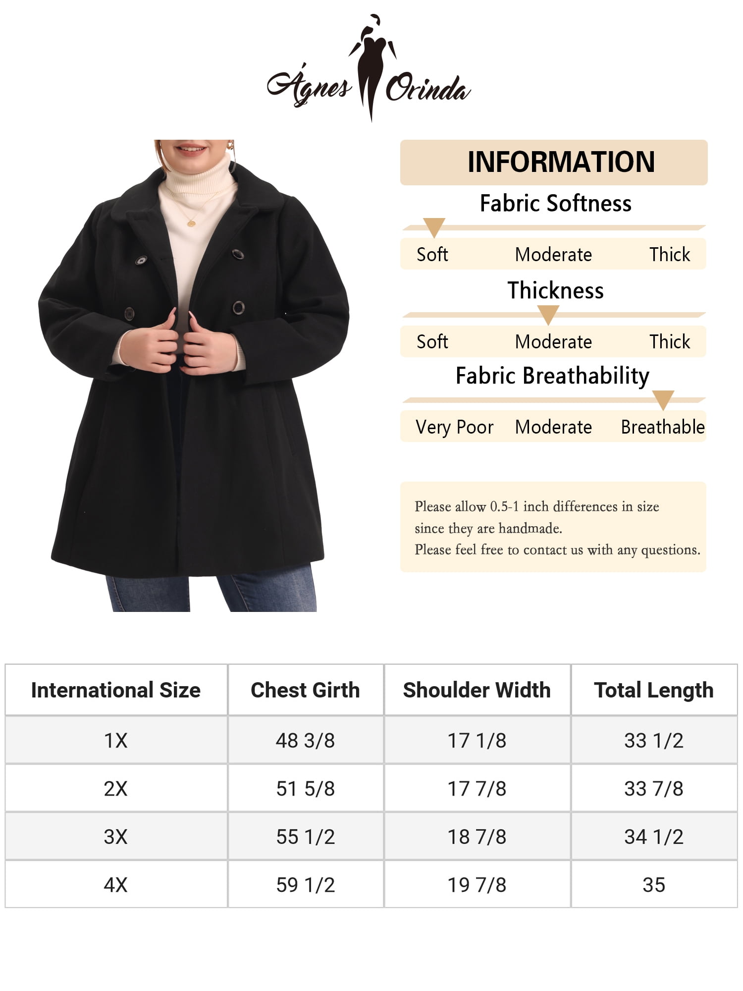 Unique Bargains Women's Plus Peter Pan Collar Double Breasted Winter Long Outerwear Coats 1X Black
