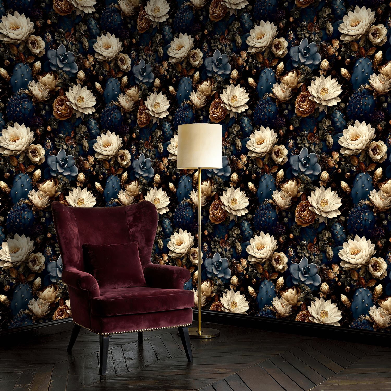 Peel and Stick Wallpaper Vintage Floral Design White Lotus Roses Cactus Dark Wall Mural 17.7in x 9.8ft Self Adhesive Removable Wall Paper Renter Friendly Wallpaper for Nursery Bedroom Cabinets