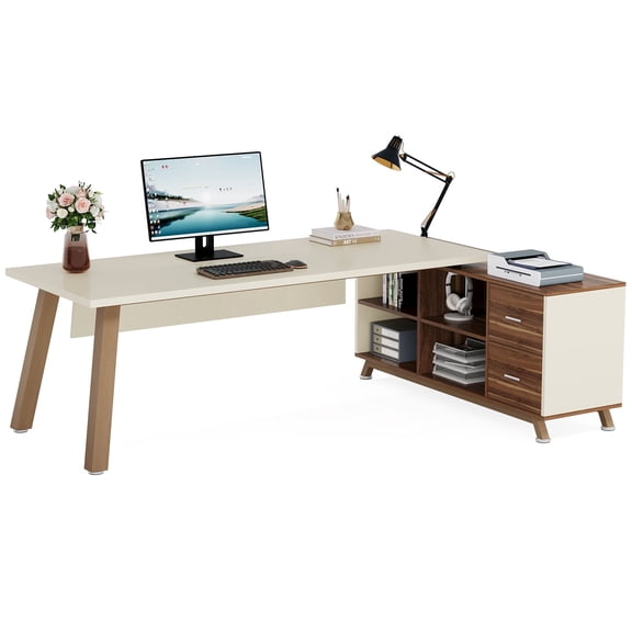 Fnova 78" L-Shaped Executive Desk with Drawers and Open Storage, Modern Large Corner Computer Desk Writing Desk for Home Office