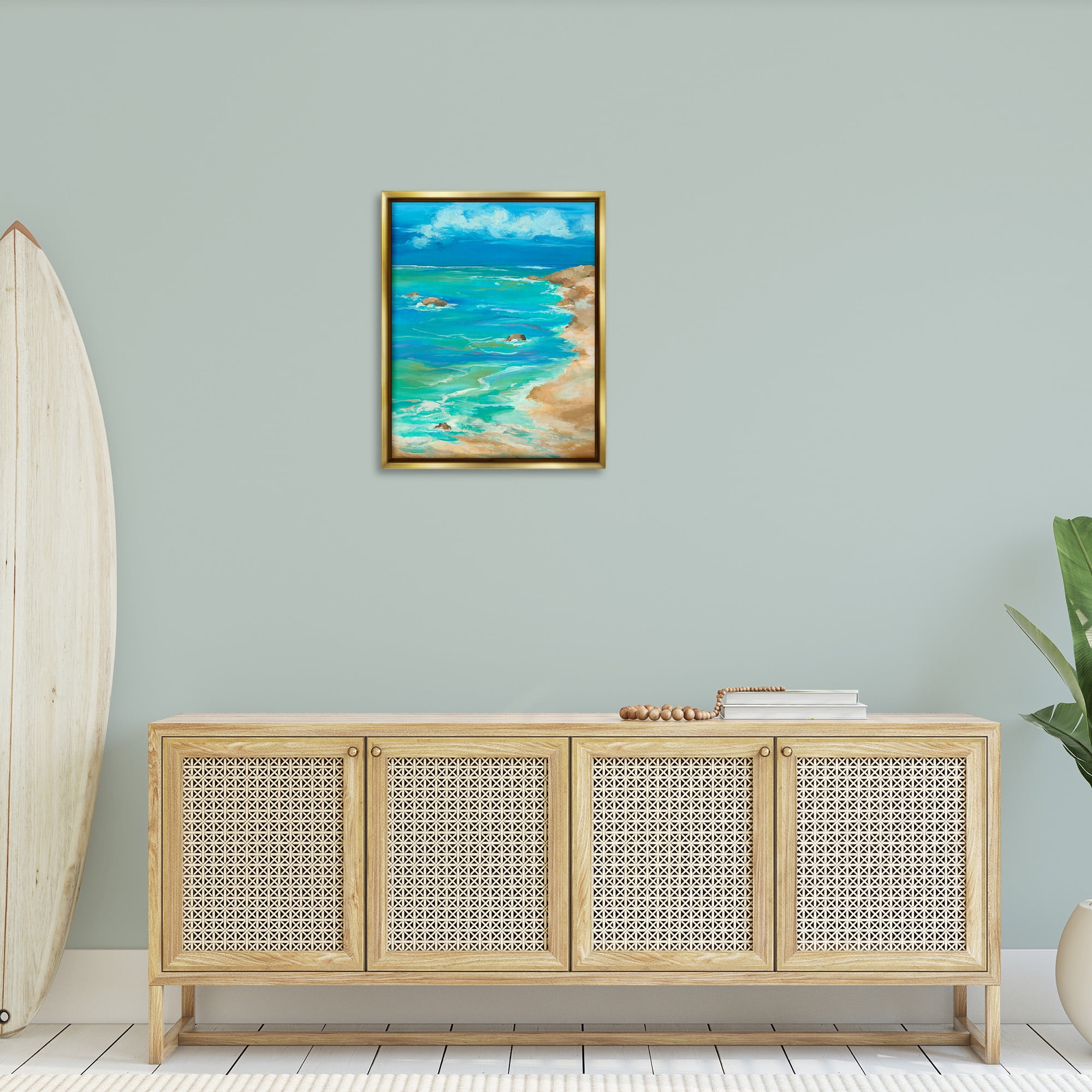 Stupell Industries Vivid Rocky Beach Cove Landscape Painting Gold Floater Framed Canvas Art Print Wall Art, 25 x 31