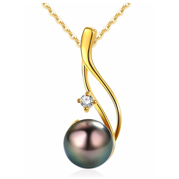 Chaulri Genuine Tahitian Black Pearl Pendant Necklace in 18k Yellow Gold Plated 925 Sterling Silver