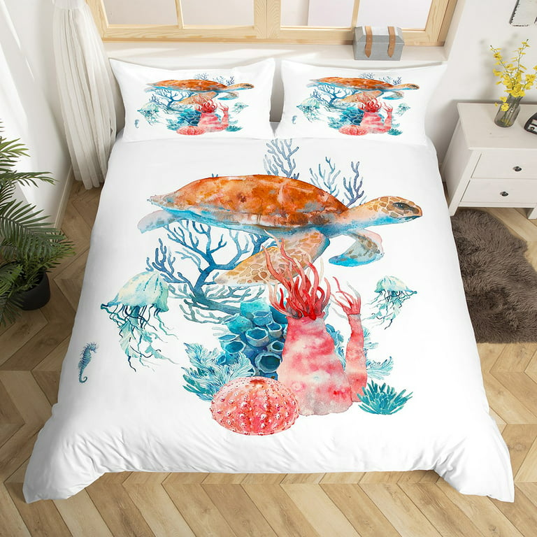 YST Sea Turtle Bed Set for Kids Toddler Ocean Animals Duvet Cover, Teal  Jellyfish Bedding Set Twin Red Coral Comforter Cover, Dreaming Underwater