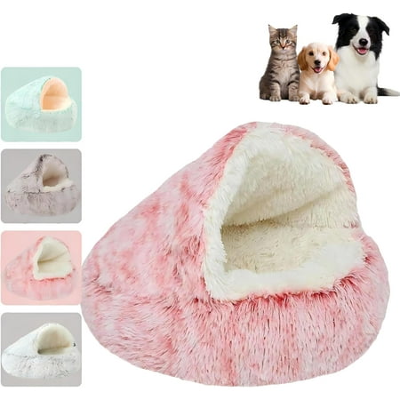 Cozy Cocoon Pet Bed for Dogs & Cats - Hooded Cave-Style Covered Dog Bed Plush Fluffy Anti-Anxiety Donut Design for Small & Medium Pets (Pink S)