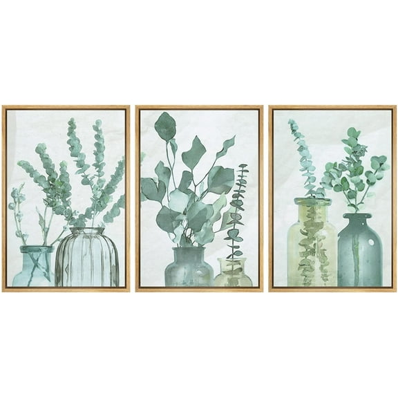 IDEA4WALL Framed Canvas Print Wall Art Set of 3 Watercolor Pastel Forest Leaves Variety in Vases Wall Decor Boho Abstract Nature Plants Prints Nordic Zen Minimal Artwork - Natural 24"x36"x3