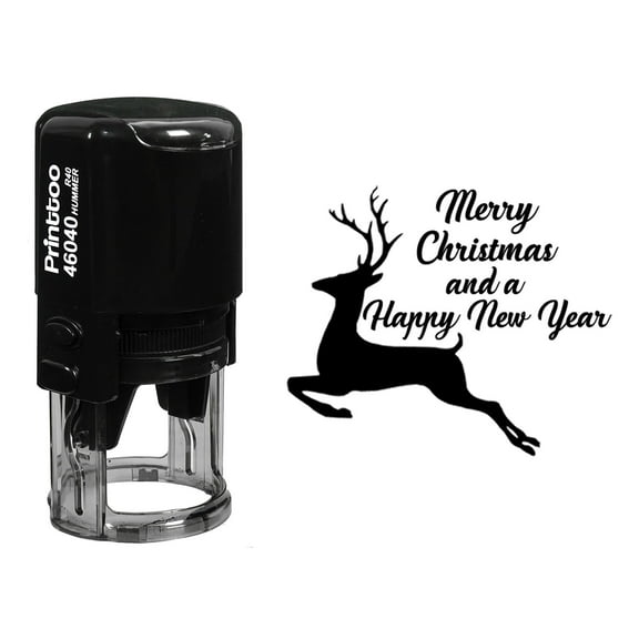 Printtoo Round Self Inking Merry Christmas And Happy New Year Rubber Stamp Reindeer Holiday Stamper-Black