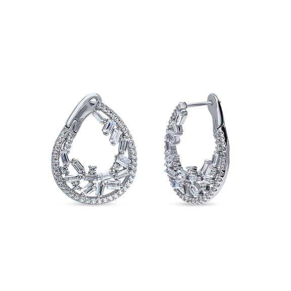 BERRICLE Sterling Silver Teardrop Cubic Zirconia CZ Cluster Medium Fashion Hoop Earrings for Women, Rhodium Plated 0.9 inch