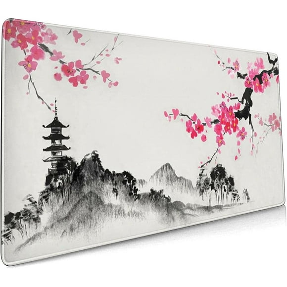 Watercolor Landscape Sakura Cherry Blossom Gaming Mouse Pad 35.4×15.7inch with Stitched Edges Extended Waterproof Desk Mousepad Non-Slip Rubber Base Large Computer Keyboard Mat for Work/Office/Home