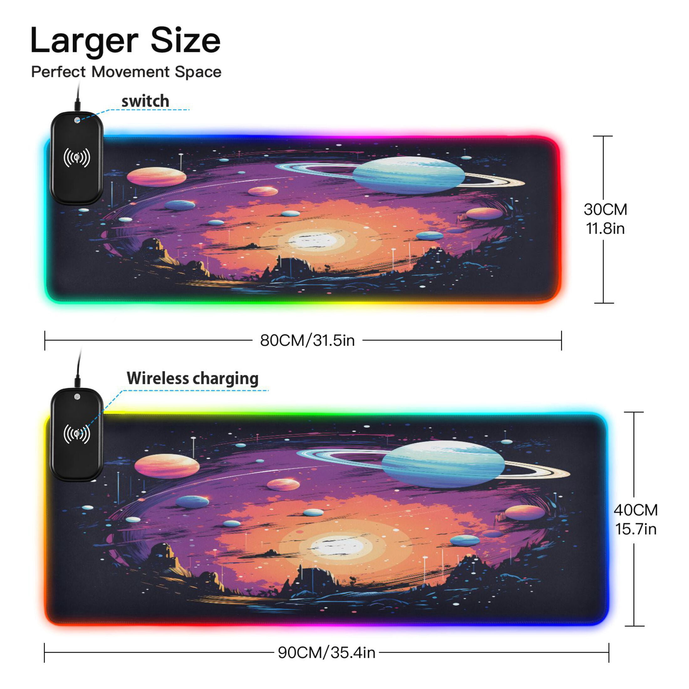 Wireless Charging Mouse Pad Large RGB Gaming Desk Mat 13 Light Modes Mousepad 35.4x15.7 Sun and Planet