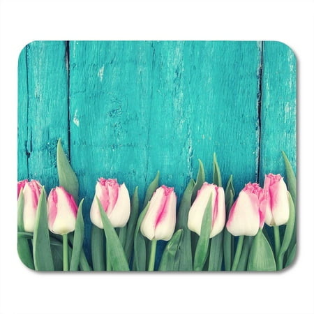 - KDAGR Tulips on Turquoise Rustic Wooden Spring Flowers for Valentine Day Woman and Mother Top View Mousepad Mouse Pad Mouse Mat 9x10 inch