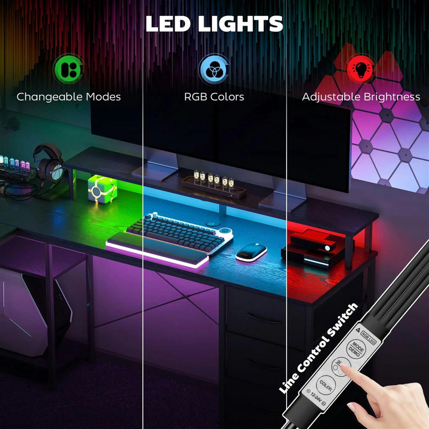 Demi Bonn 66" Reversible L Shaped Corner Office Desk with LED Lights and Power Outlets, Home Computer Desk for Living Room, Office, Study Table PC Desks, Black