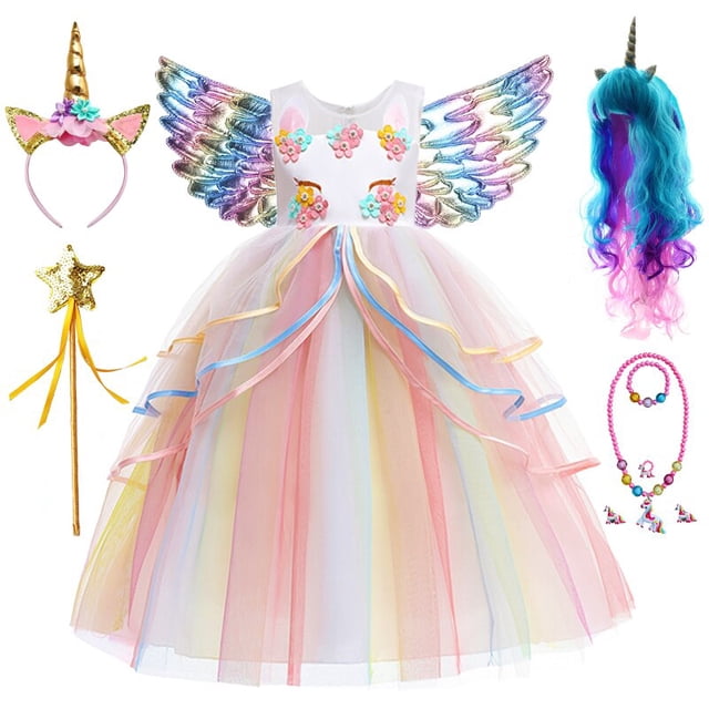 Fantasia-vestido de unicornio arcoíris para niñas, estilo de hoja de loto, flor, tul largo, Princesa, fiesta de cumpleaños Fivean unisex