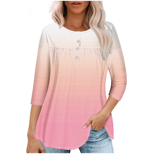 RXIRUCGD T-shirt Imprimé Décontracté d'Été pour Femmes Manches Trois-Quarts Col Rond Froncé Blouse, Rose, Taille : S