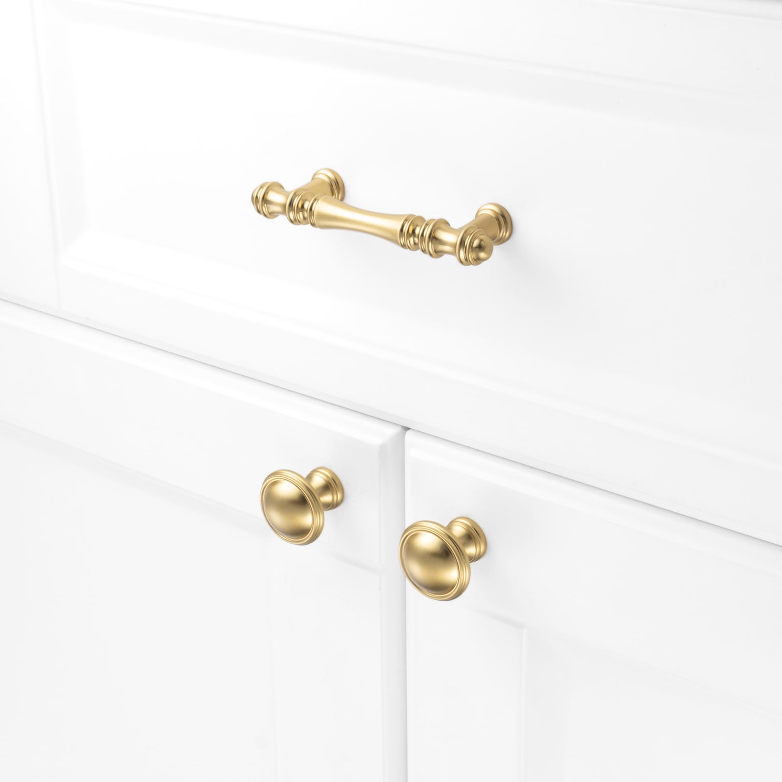 KOOFIZO 10 Pack Classical Cabinet Pull - Brushed Gold Furniture Handle, 3 Inch/76mm Screw Spacing