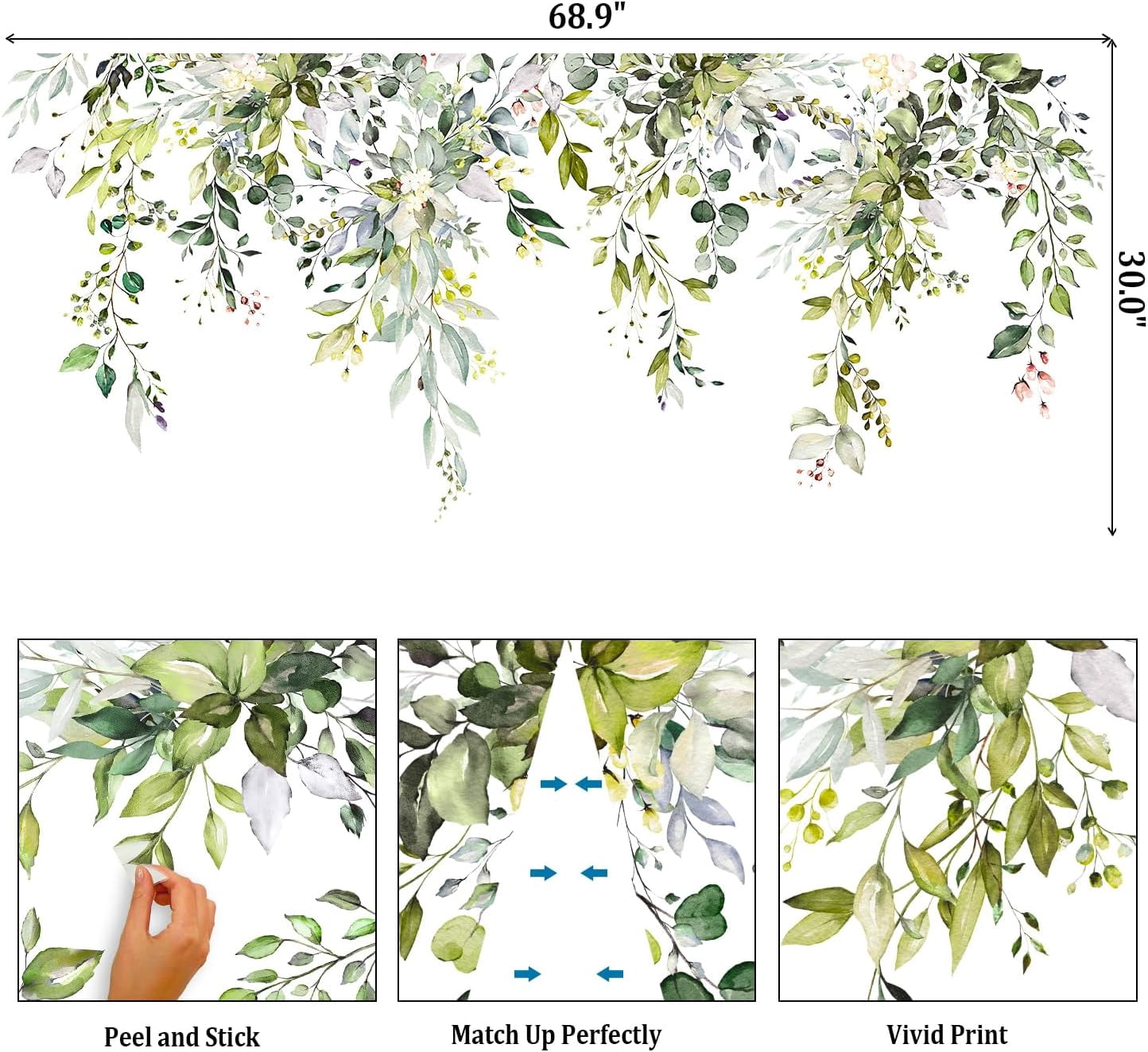 Green Plants Leaves Wall Decals Peel and Stick, Large Floral Flowers Wall Stickers, Removable Vine Home Decor Art for Bedroom Living Room Classroom Office
