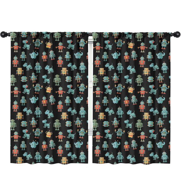 Blackout Kids Curtains,Robot and Dogs Black Pattern Children's Insulated Curtains Set Of 2,Bedroom Essentials,Toddler Room Decor 52"x84"