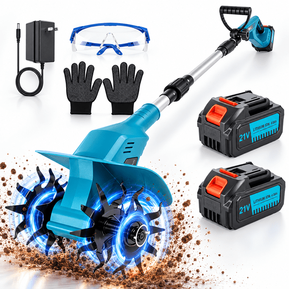 Lznioz Cordless Garden Tiller Cultivator, 21V Electric Rototiller with 2 x 4.0Ah Batteries, 500W Brushless Motor, 330 RPM, 7.9" Width, 5.9" Depth, Lightweight Tiller for Garden Lawn Yard Soil Cultiva