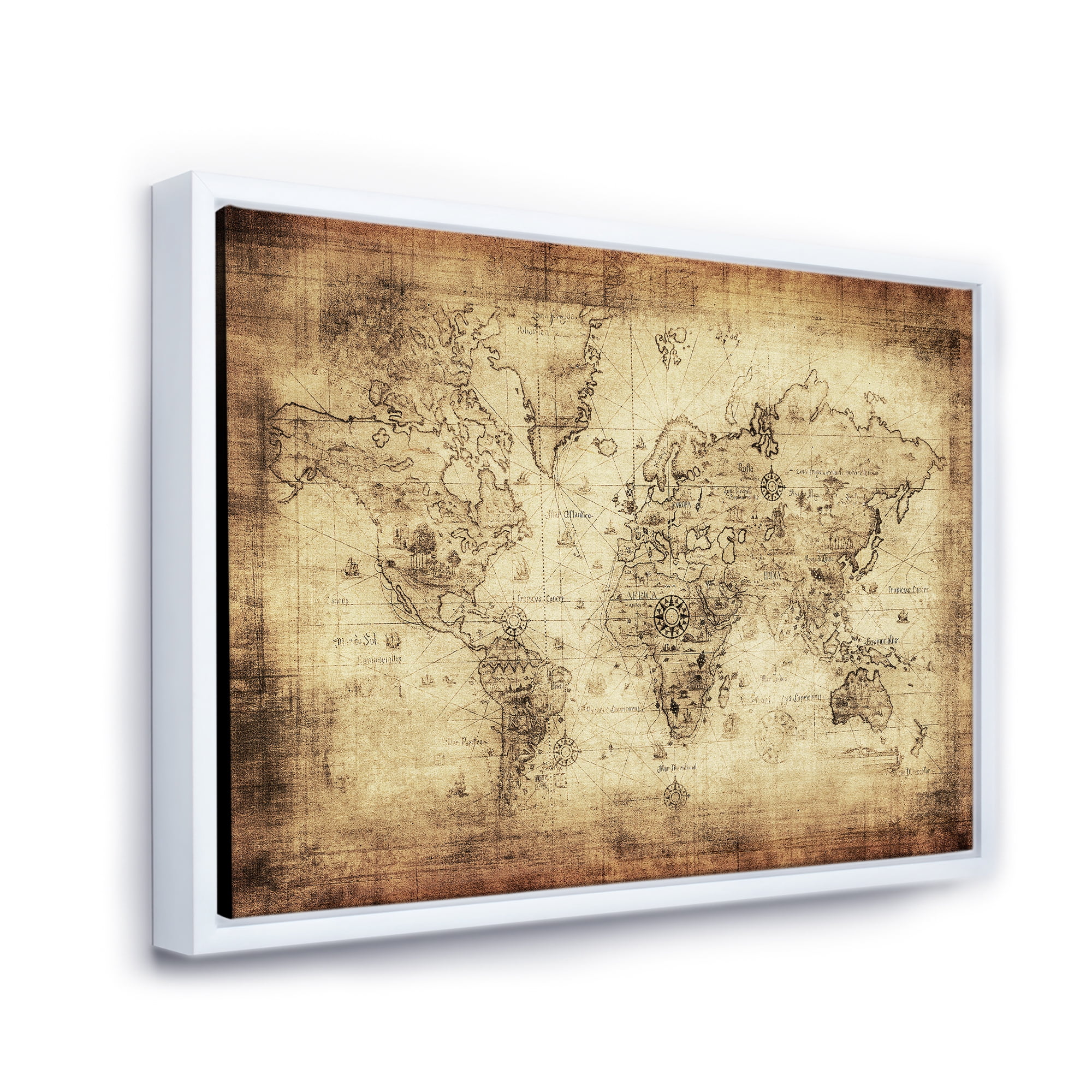 Designart 'Ancient World Map IV' Vintage Framed Canvas Wall Art Print