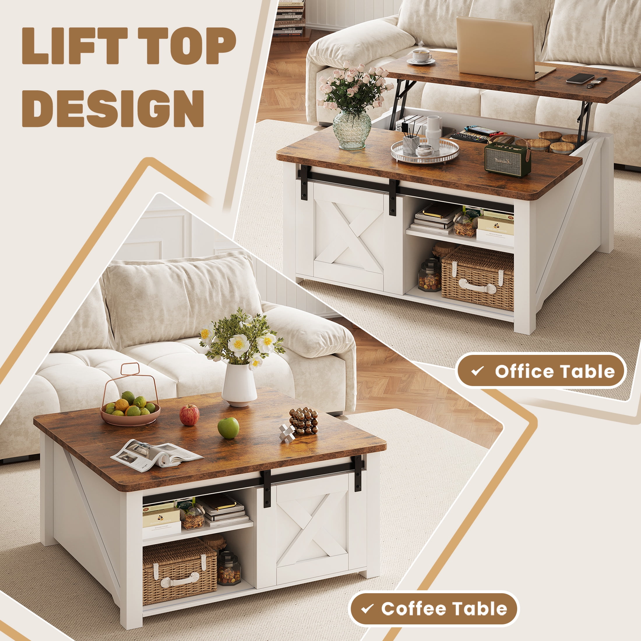 EDX Modern Lift Top Coffee Table with Hidden Storage & Adjustable Shelves, Square Farmhouse Center Table for Living Room, White