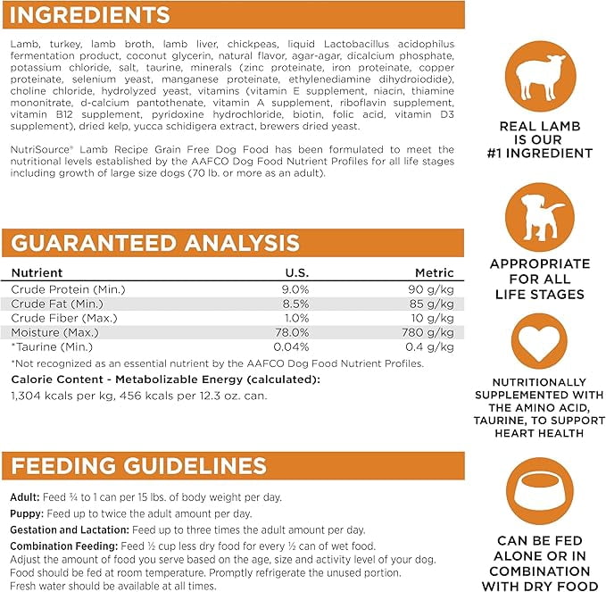 Nutrisource 872733 12.3 oz Grain Free Lamb Dog Food Cans MP12 Case - Pack of 12