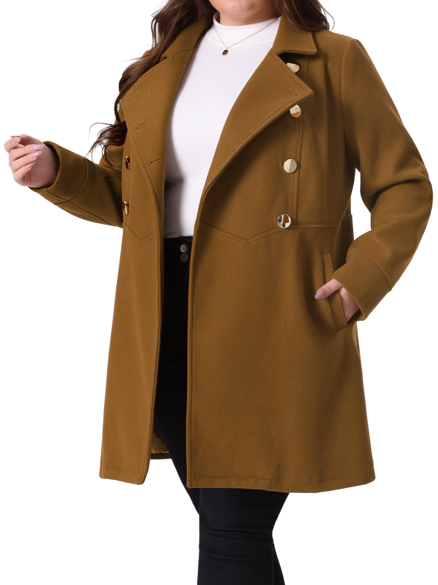 DARING DIVA Women's Plus Size Turn Down Collar Double Breasted A Line Coat 2X Deep Brown