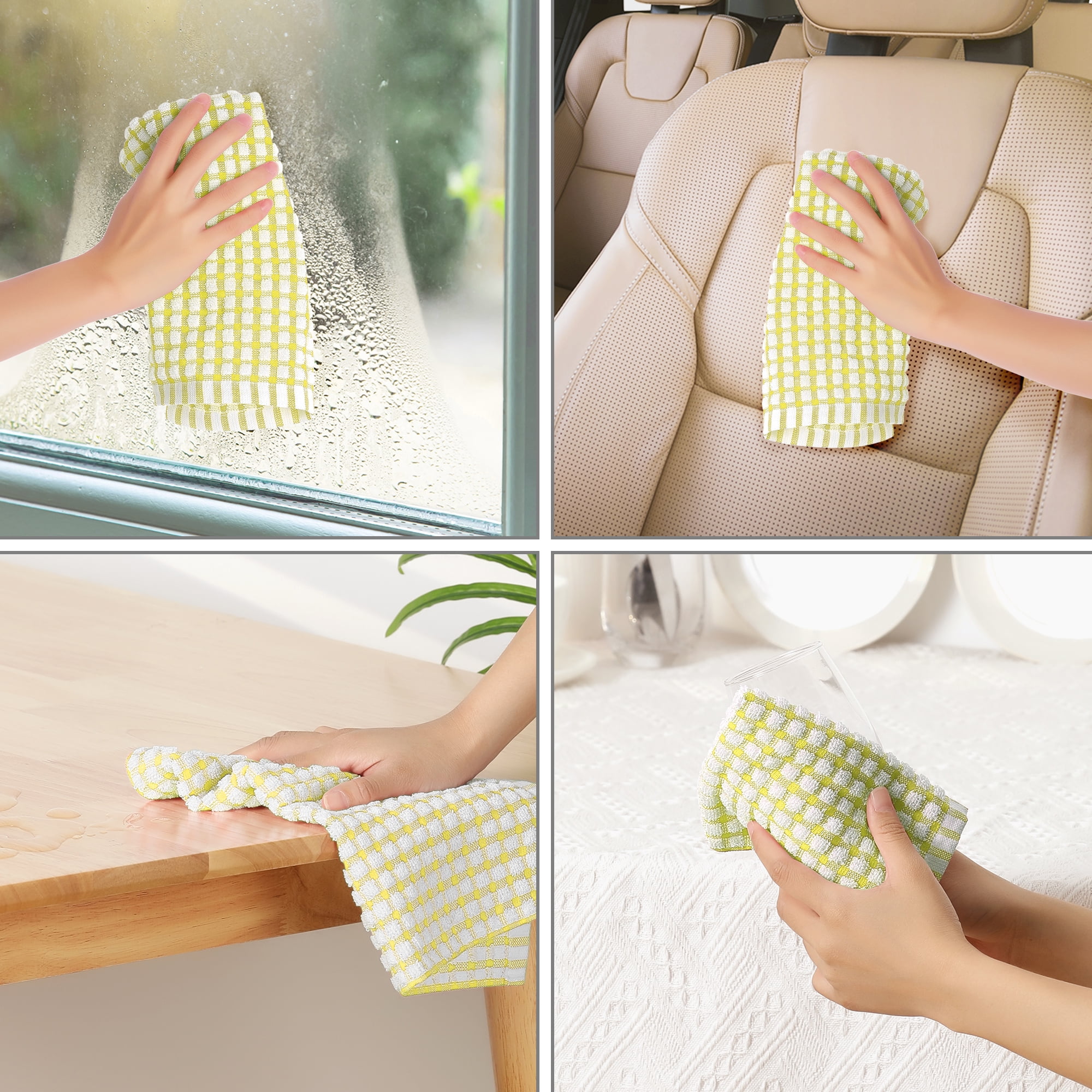 Unique Bargains Cotton Checked Hand Towels Dishcloths Set Dish Kitchen Towels Pack of 12 Yellow 12" x 12"