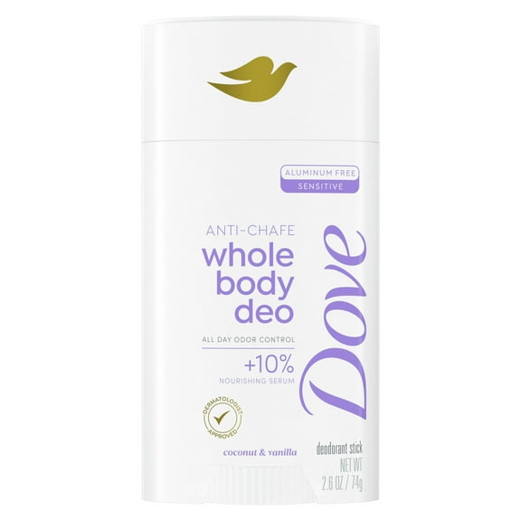 Dove Whole Body Deo Anti-Chafe Deodorant Stick Coconut & Vanilla Aluminum Free, 2.6 oz