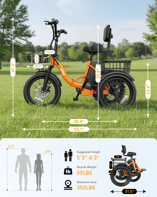 Qlife Electric Tricycle for Adults, 18" Folding Electric Trike, Peak 750W Motor 48V 10.4AH Step-Thru Etrike, 18MPH Up to 50 Miles 3-Wheel Electric Bike (Orange)
