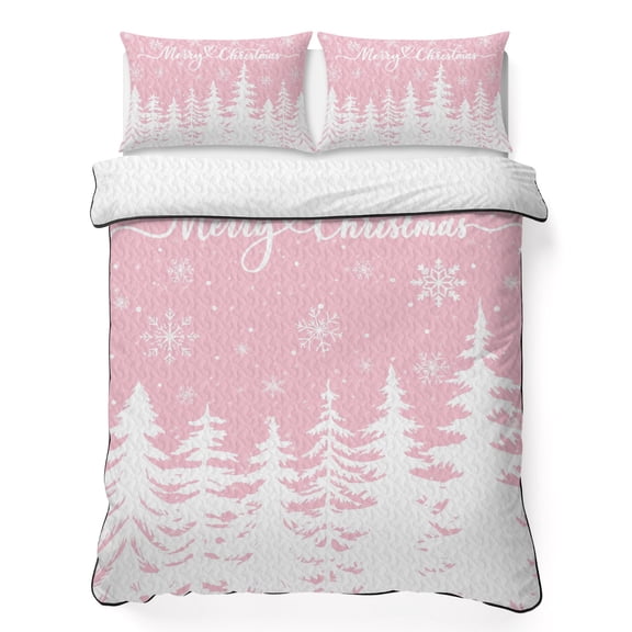 Quilts Queen Size Bedding Set, Pink Christmas Trees Lightweight Quilted Comforter, Winter Xmas Snowflakes Pine Forest Soft Reversible Bedspread Coverlet with Pillow Covers for All Season, 90" x 96"