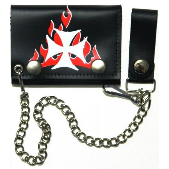 Choppers Maltese Cross Red Flames Biker Chain Leather Wallet Tri Fold