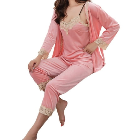 

Womens Velvet Pajama Set 3 Piece Lounge Set Long Sleeve Cardigan Cami Tops Lace Trim Long Pants PJs Outfits Sleepwear