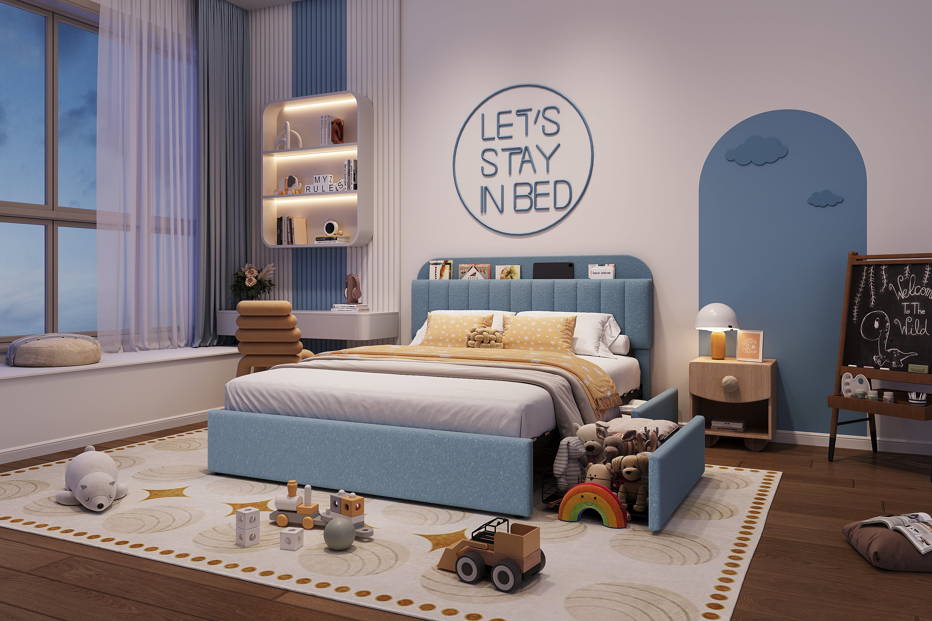 FULL Platform Bed with Bookcase Headboard & Drawers – Modern Boucle Upholstered Frame, No Box Spring, Easy Assembly Bedroom Furniture
