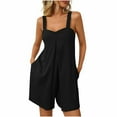 thumbnail image 1 of Yanlir 2025 Spring Summer Rompers for Women's Fashion Solid Round Neck Overalls Elastic Strap Sleeveless Pockets Short Jumpsuit(Black#1,S), 1 of 7
