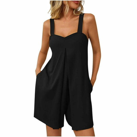 Caywon Women Fashion Solid Color V Neck Sleeveless Pockets Detail Short Jumpsuit One Piece Romper Comfortable Lightweight Fabric Flattering Neckline for Casual Style Black L