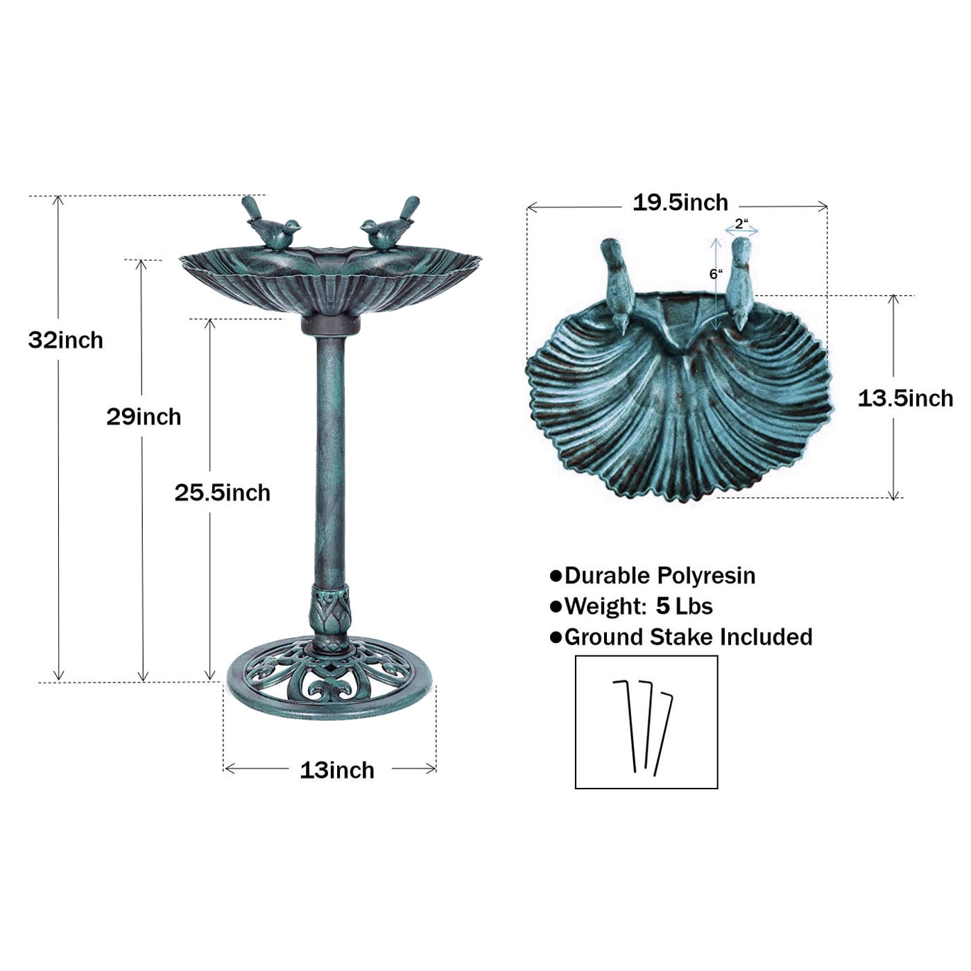 Westcharm 29 Inch Lightweight Poly Resin Outdoor Birdbath for Outside with Decorative Birds and Pedestal Base Stand - Verdigris Green