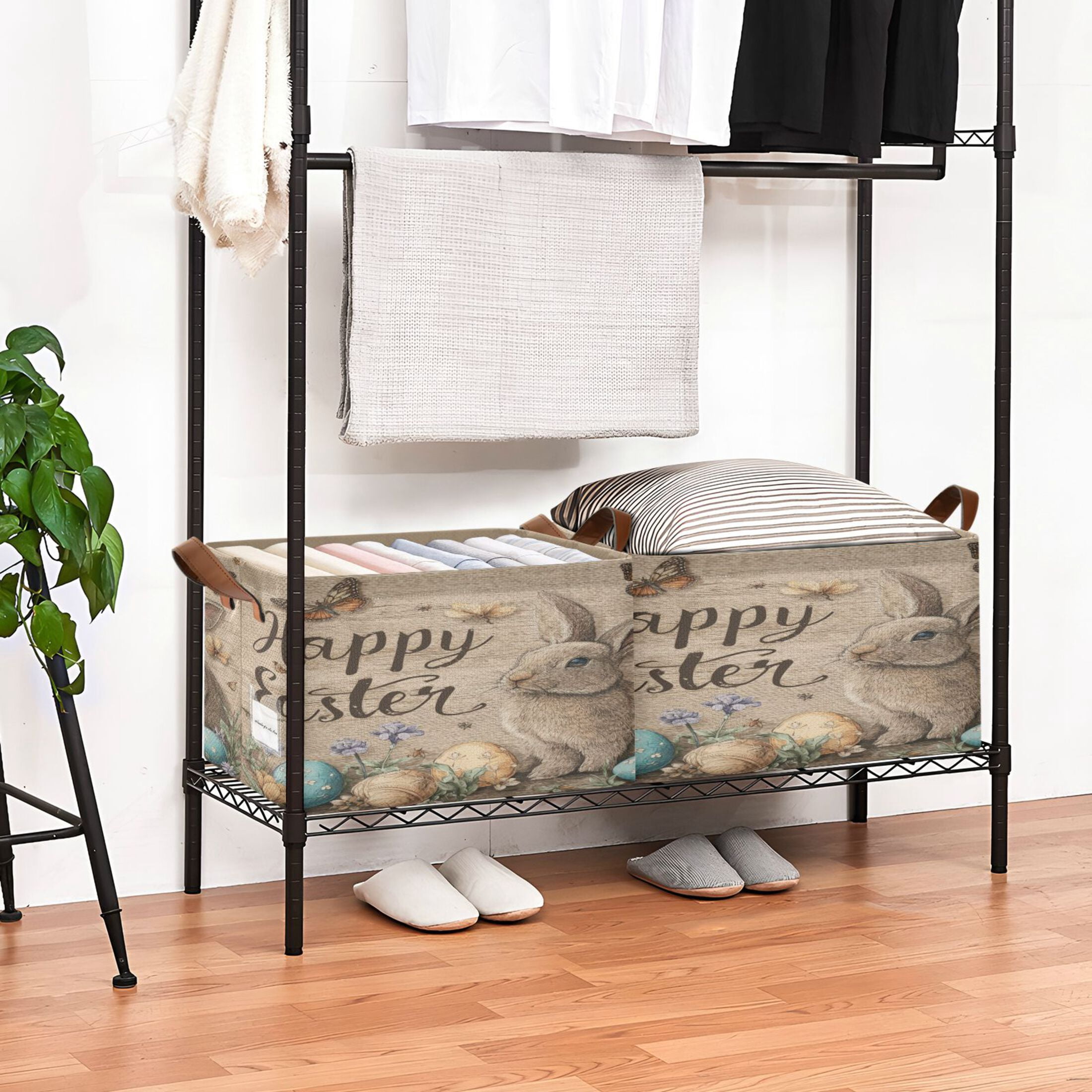 WobogoBrown Easter Rabbit Storage Basket 16.9×11.4×10in Collapsible Oversized with Metal Iron Frame
