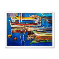 Designart 'Boats Near Coastal Town Resting On The Water II' Nautical & Coastal Framed Art Print