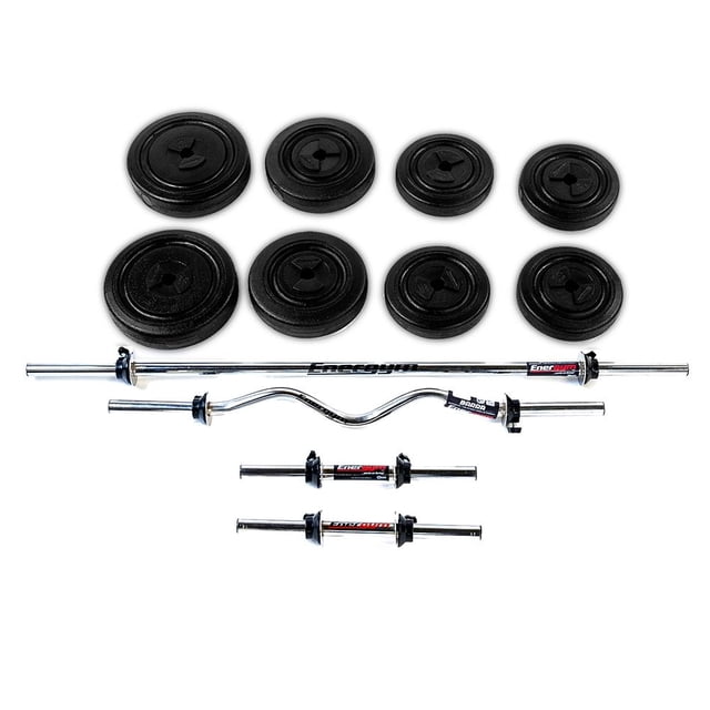 Kit de pesas Barra Recta, Barra Z, Mancuernas y Discos 28 KG Energym 9033 con discos negros, barra recta y barra Z cromadas, y dos mancuernas, ideal para entrenamiento de fuerza y musculación de cuerpo completo en casa.