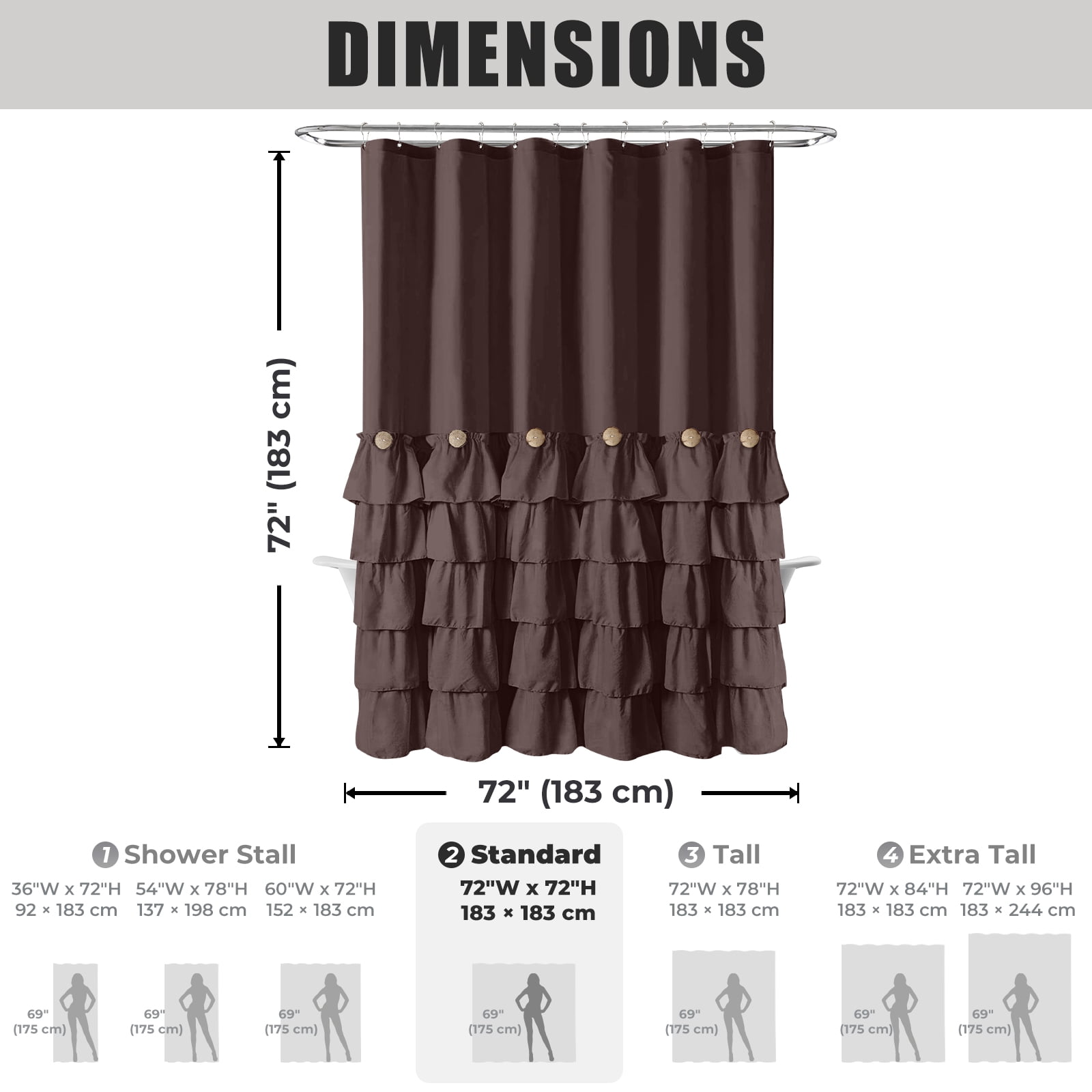 Lipa Farmhouse Ruffle Shower Curtain,Shabby Chic Shower Curtain with 12 Hooks,Brown,72" x 72"
