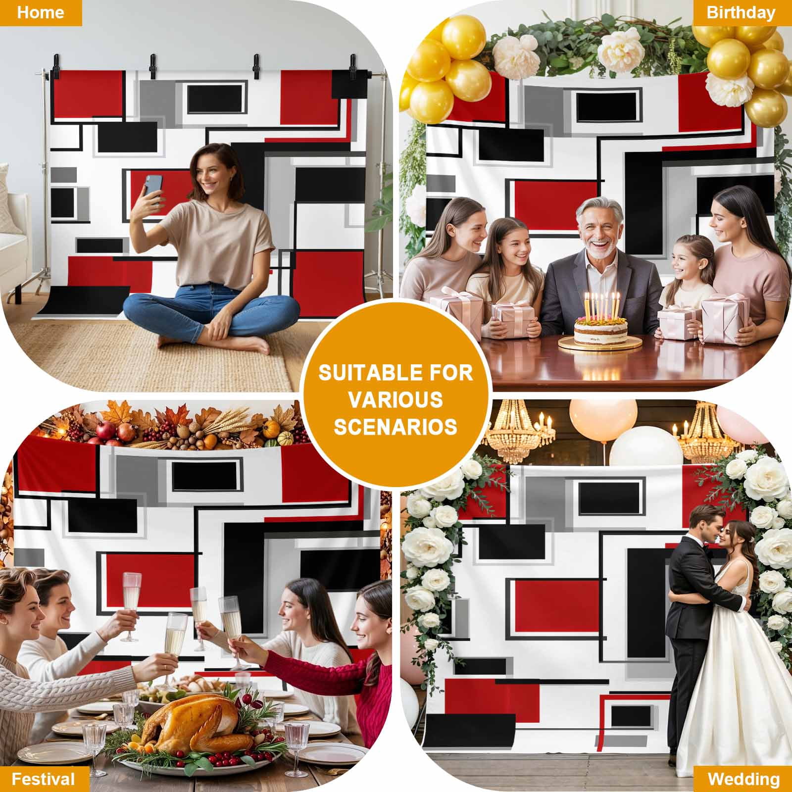 Abstract Space Design Sense Backdrop for Photography, Red Black Stitching Suqare Photo Backdrop Portrait Background Party Banner Photo Backgrounds for Studio Booth Props, 7x5ft