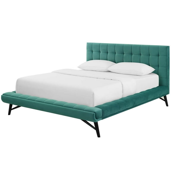 Contemporary Modern Urban Designer Bedroom Queen Size Platform Bed Frame, Velvet Fabric, Aqua Blue