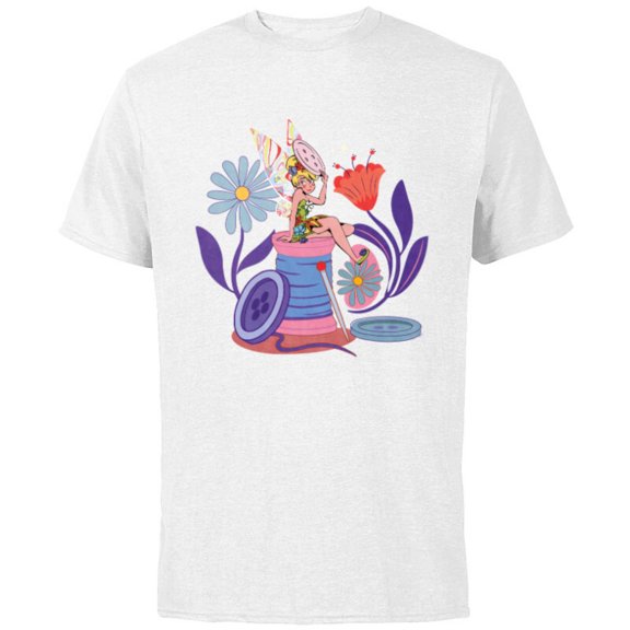 Disney Princess Tinker Bell Fairy Buttons and Thread - Short Sleeve Cotton T-Shirt for Adults - Customized-White