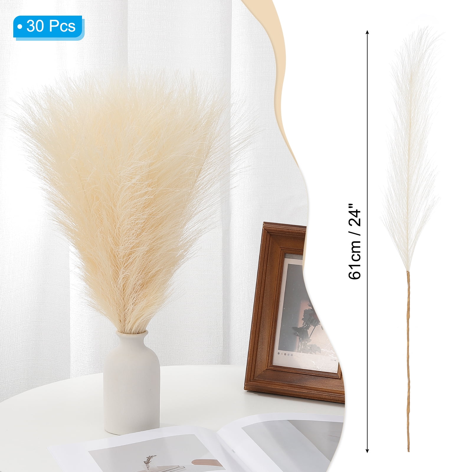 Uxcell 24" Pampas Grass Decor 30Pcs Artificial Pampas Grass Bulk Fluffy Faux Pampas Grass Small Dried For Beige